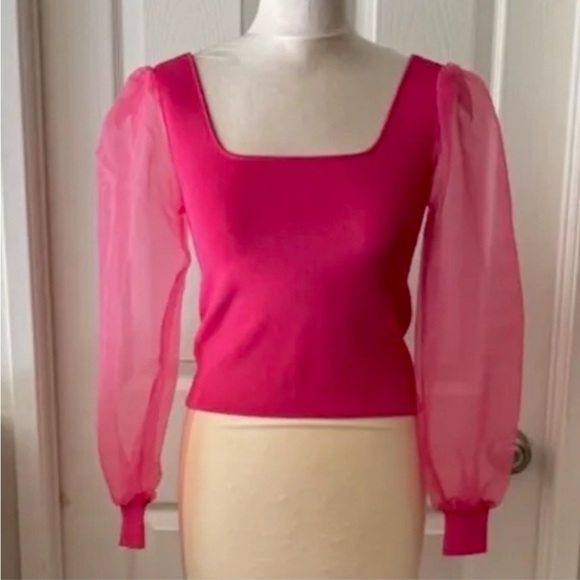 NWT HOUSE OF HARLOW 1960 Women’s Size XS Pink Crop Top Puffy Chiffon Sleeve - Picture 3 of 7